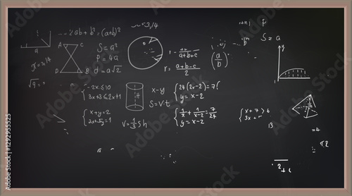 Vector illustration of chalkboard and math formulas on chalkboard. Numbers. Calculation. Teaching math on chalkboard. Chalkboard.