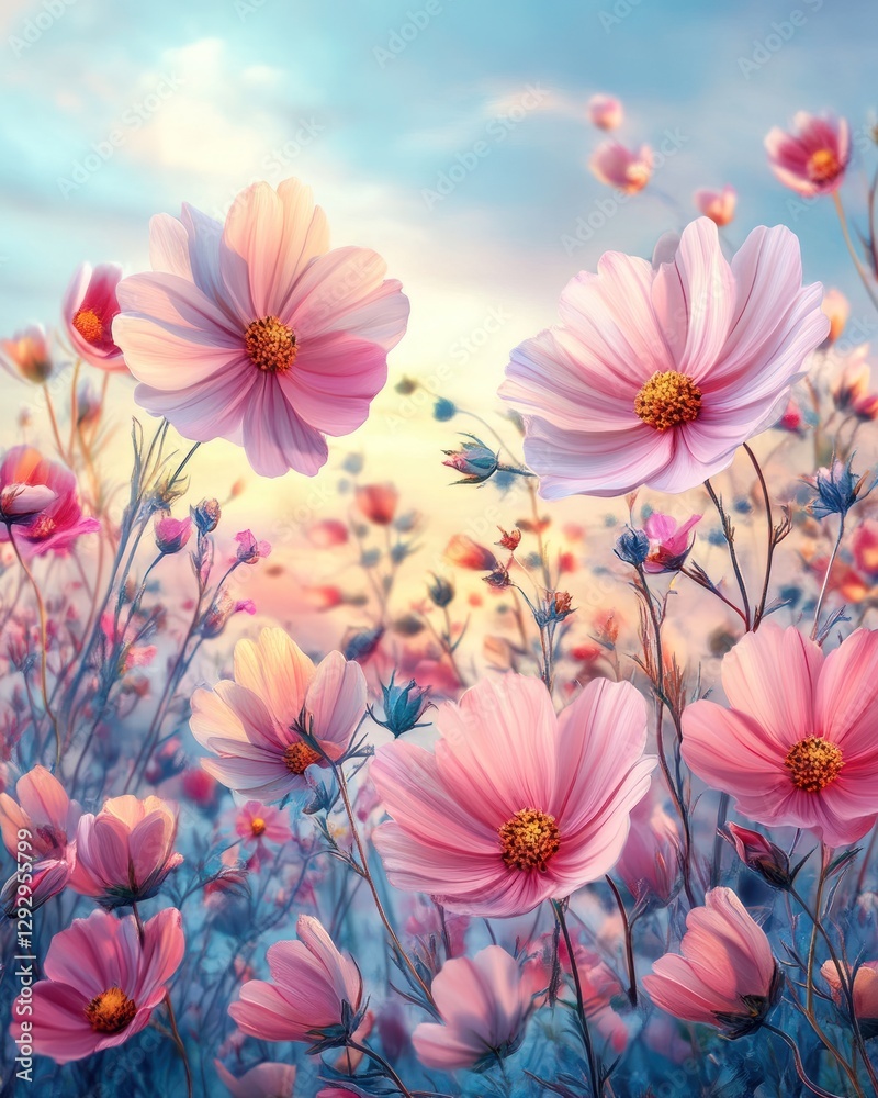 custom made wallpaper toronto digitalVibrant pink cosmos flowers blooming in a field at sunset. Soft, dreamy light illuminates the petals and stems.