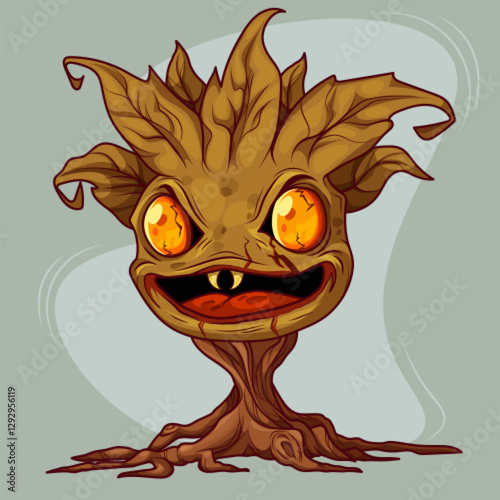 Scary plant monster with twisted wooden body, glowing orange eyes and mouth with tongue and teeth. Evil tree character with spiked leaf crown and gnarled roots for fantasy game or Halloween design