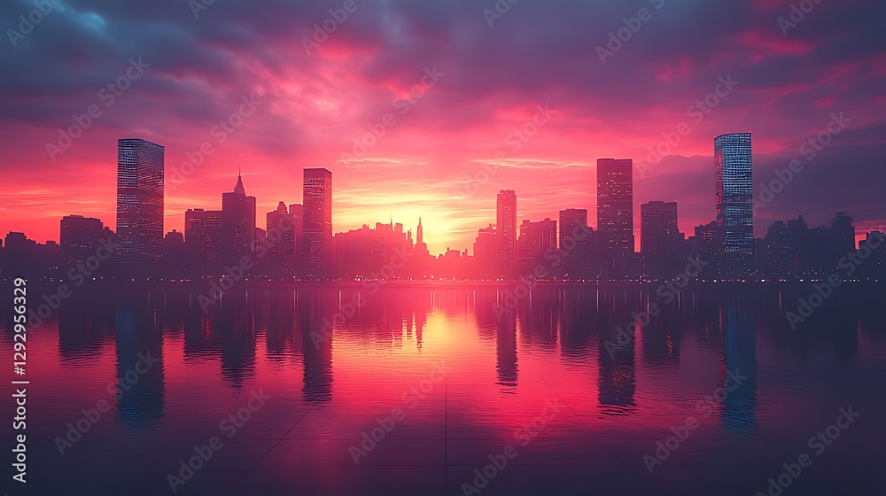 Obraz premium Cityscape sunset reflection, fiery sky, lake, urban