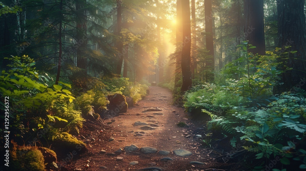 Fototapeta premium Serene Forest Pathway Illuminated by Golden Sunlight Rays