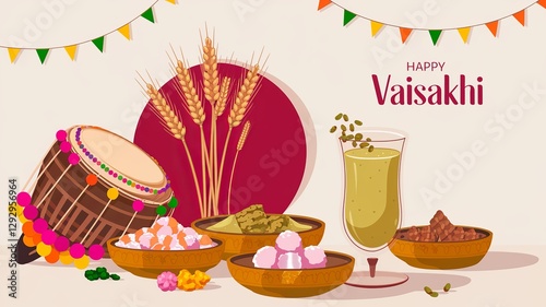 Punjabi festival Vaisakhi with golden wheat, sweet delicacies, and refreshing drinks. photo