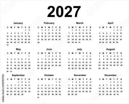 minimalist calendar 2027. week start Sunday corporate design template vector. calender 2027