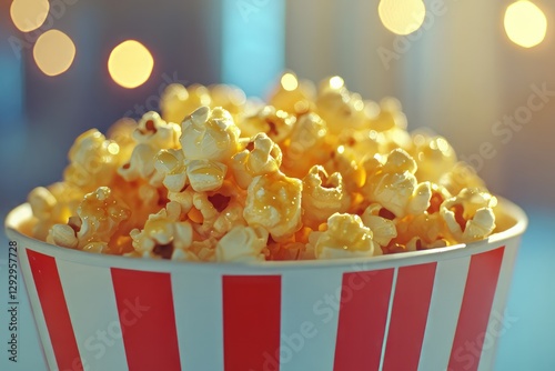 Freshly Popped Popcorn with Butter in Red-and-White Striped Container, Cinematic Close-Up
popcorn, butter, snack, cinema, movie, food, close-up, red-and-white, striped container, freshly 