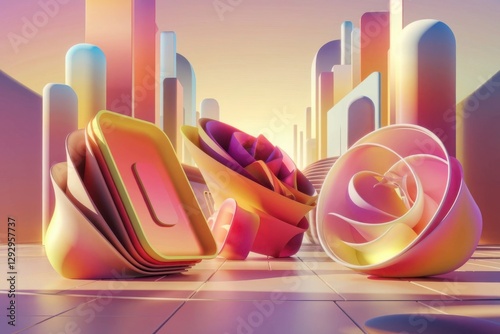 Bright abstract 3D shapes with smooth gradients and soft shadows, futuristic style. generative AI