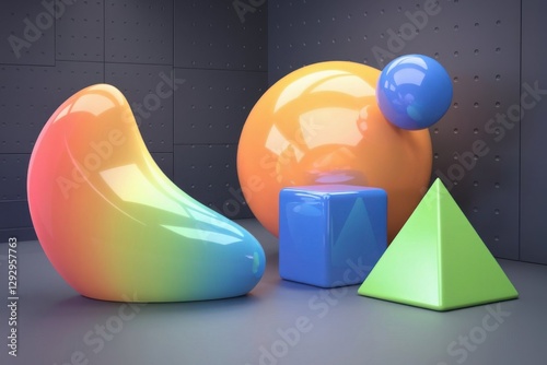 Bright abstract 3D shapes with smooth gradients and soft shadows, futuristic style. generative AI