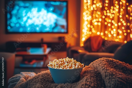 Cozy Home Theater with Plush Seating and Warm Lighting, Soft blankets and a bowl of popcorn on the table add a cozy touch, creating the perfect atmosphere for a movie night at home