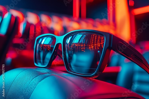 Concept of Immersive Movie Experience with 3D Glasses on Theater Seat and Glowing Screen Reflections, projection, theater, futuristic, digital, moviegoer,