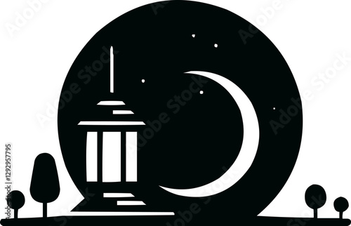Minimalist Mosque and Crescent Moon Night Scene