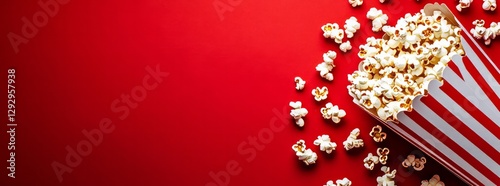 Photo of a striped popcorn box on an empty red background, with scattered popcorn. Web banner with copy space on the right