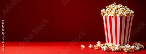 hoto of a striped popcorn box on an empty red background, with some scattered popcorn. Web banner with copy space on the right