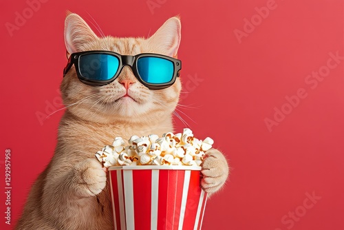 Concept of a Playful Movie Night with a Chubby British Shorthair Cat Wearing 3D Glasses and Holding Popcorn, Cinematic and Funny Theme