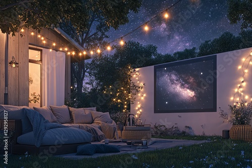Concept of an Outdoor Movie Night with a Projector, Comfy Couch in the Backyard, String Lights, and Starry Sky