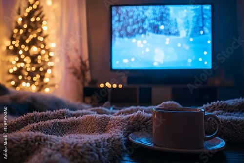 A dimly lit room with a warm glow, a large screen playing an old movie, a fluffy blanket, a cup of hot cocoa on the table, cozy atmosphere