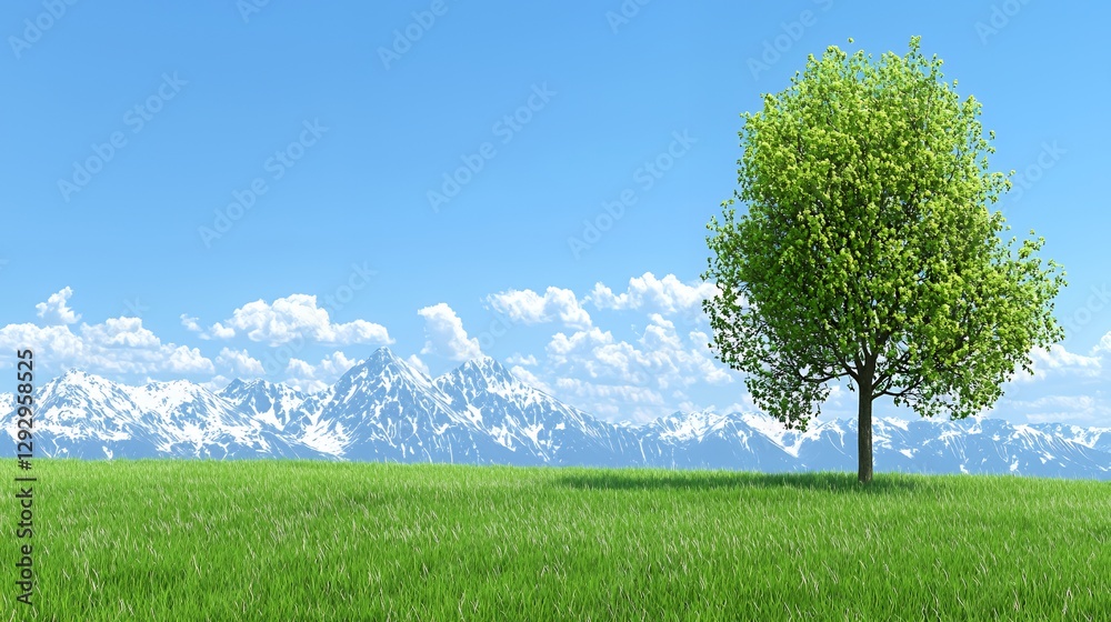 Fototapeta premium Single Green Tree in a Flowery Field with Mountain Background