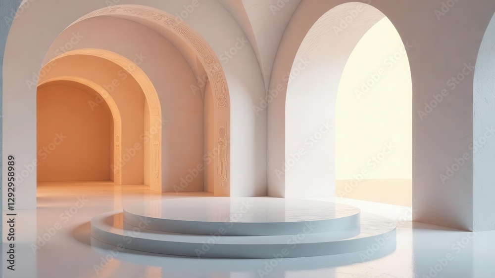Serene Minimalist Architectural Interior with Circular Platform and Archways Featuring Soft Lighting and Subtle Textured Walls Serene Minimalist Architectural Interior with Circular Platform and Archways Featuring Soft Lighting and Subtle Textured Walls