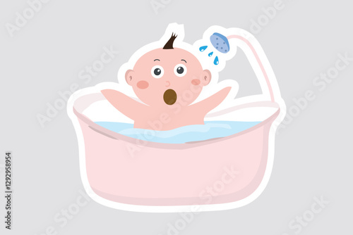 Baby Bath Time Vector Illustration Sticker. Cute baby in a pink bathtub with a shower, expressing surprise. Perfect for nursery decor, baby products, kids' designs, and digital stickers