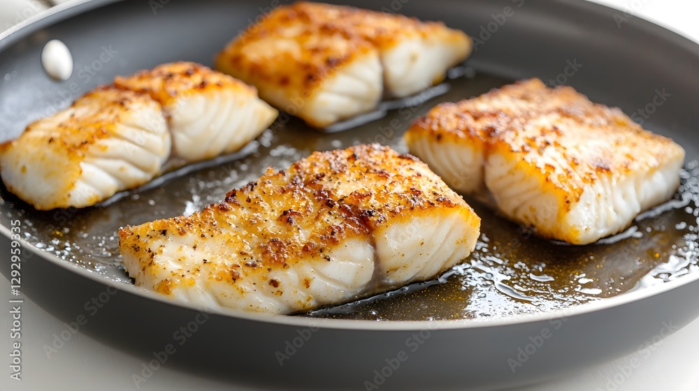 Macro shot of crispy golden brown fish fillets sizzling in a stainless steel pan highlighting the delectable texture and shimmering oil on the surface Macro shot of crispy golden brown fish fillets sizzling in a stainless steel pan highlighting the delectable texture and shimmering oil on the surface