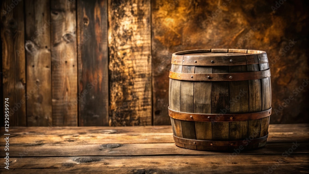 weathered wooden table with a worn barrel as background , aged surfaces, old wood weathered wooden table with a worn barrel as background , aged surfaces, old wood
