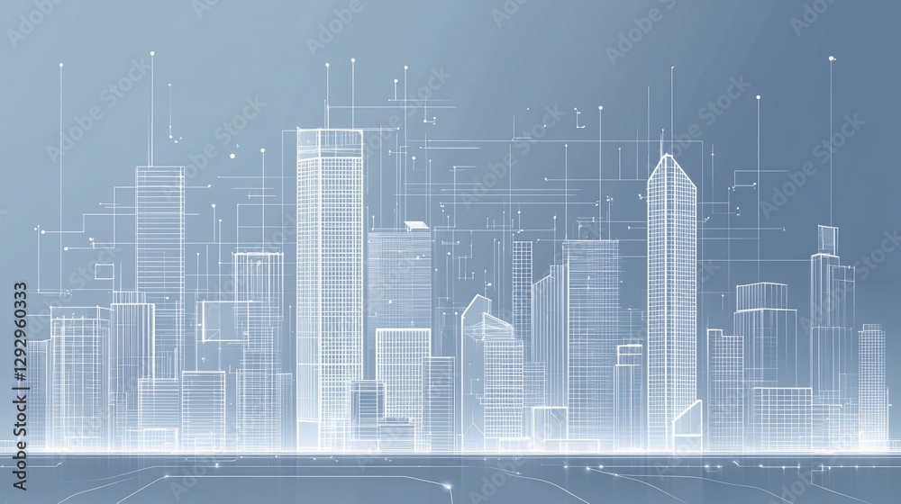 Naklejka premium Abstract architectural blueprint of a modern city skyline with network connections