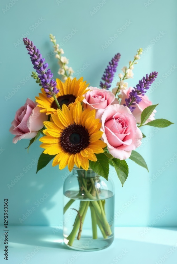Naklejka premium A vibrant summer bouquet of sunflowers, roses, and wildflowers arranged in a clear glass vase against a serene aqua backdrop