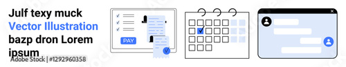 User profile form, payment button, calendar with checkmark, chat interface with messages. Ideal for online transactions, scheduling, communication, productivity tools, digital workspace time