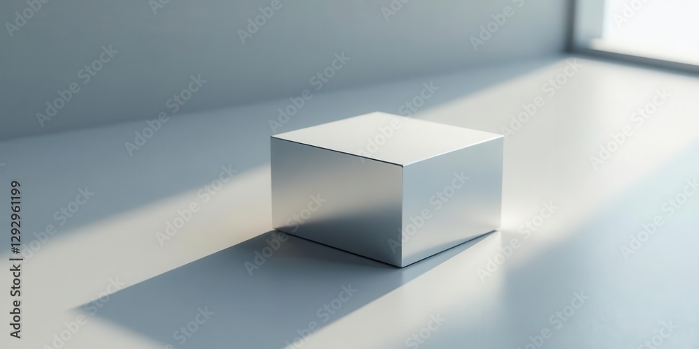 A single, metallic cube rests on a light gray surface, illuminated by a soft, natural light source casting gentle shadows. A single, metallic cube rests on a light gray surface, illuminated by a soft, natural light source casting gentle shadows.