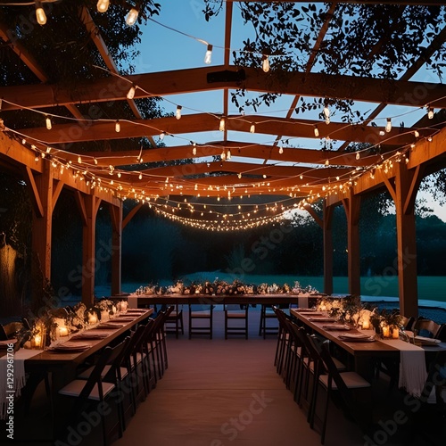 Bohemian, rustic event venue at dusk with hanging lights