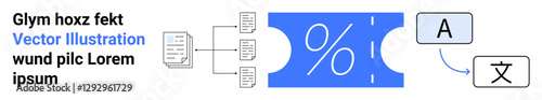 Documents feeding into a percentage-marked coupon with speech bubbles showcasing language change and translation. Ideal for global communication, discounts, automation, multilingual tools, AI