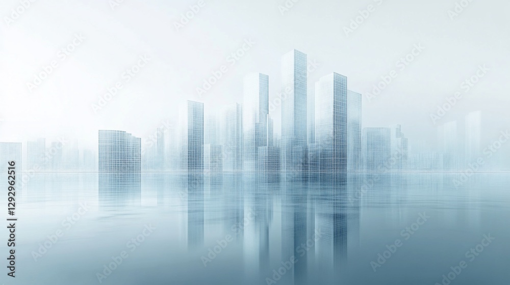 Abstract city skyline with reflective surface in a light blue tone and delicate line rendering Abstract city skyline with reflective surface in a light blue tone and delicate line rendering
