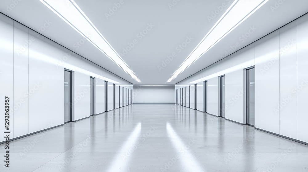 Bright White Modern Corridor with Reflective Floor Bright White Modern Corridor with Reflective Floor