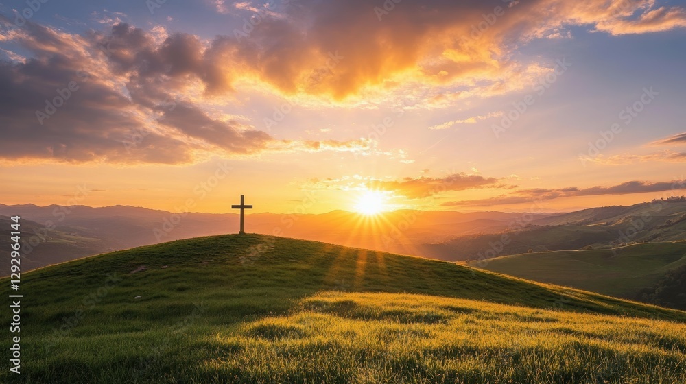 Obraz premium Sunset Silhouette: A serene hilltop at sunset, featuring a simple cross silhouetted against a radiant sun, painted with warm hues.