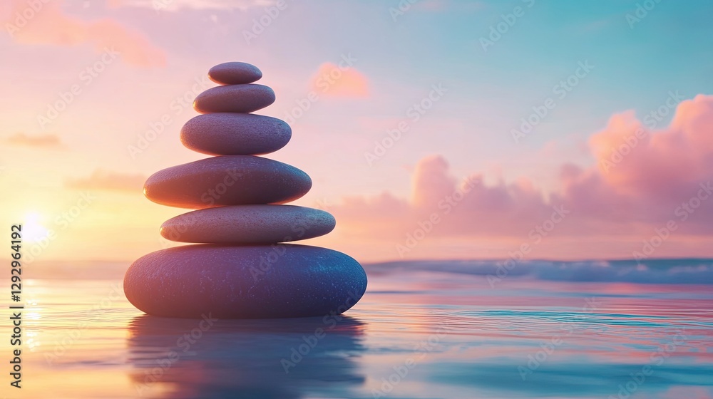 A balanced tower of large beach stones stands against a vibrant ocean backdrop, evoking mindfulness. A balanced tower of large beach stones stands against a vibrant ocean backdrop, evoking mindfulness.
