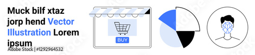 Shopping cart inside online storefront, segmented pie chart, biometric face recognition concept. Ideal for e-commerce, data analysis, security, digital retail, marketing, consumer trends flat