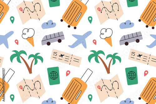Travel pattern with suitcase, map, airplane ticket, passport, and palm trees doodles. Fun ornament for tourism, vacation planning, summer trips, traveling vector illustrations, seamless background