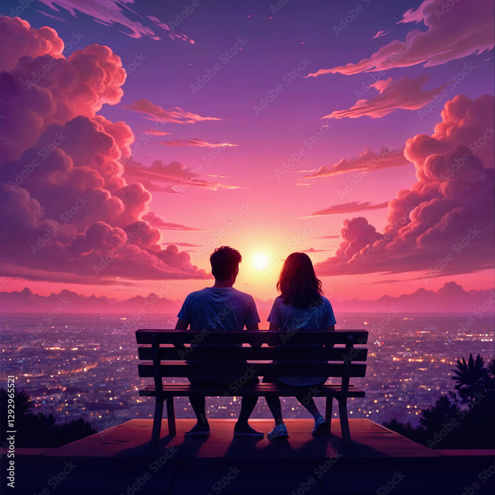 Obraz premium The silhouette of two sitting on a bench staring at a beautiful sunset sky with dramatic, swirling clouds of purple, pink and orange