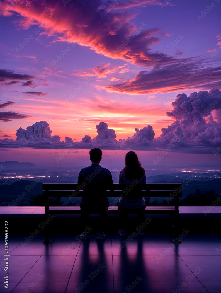 The silhouette of two sitting on a bench staring at a beautiful sunset sky with dramatic, swirling clouds of purple, pink and orange The silhouette of two sitting on a bench staring at a beautiful sunset sky with dramatic, swirling clouds of purple, pink and orange