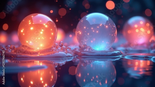Glowing orbs of liquid light hovering in midair, reflecting and refracting vibrant Magical Realism colors, pulsing gently as if responding to unseen cosmic waves.