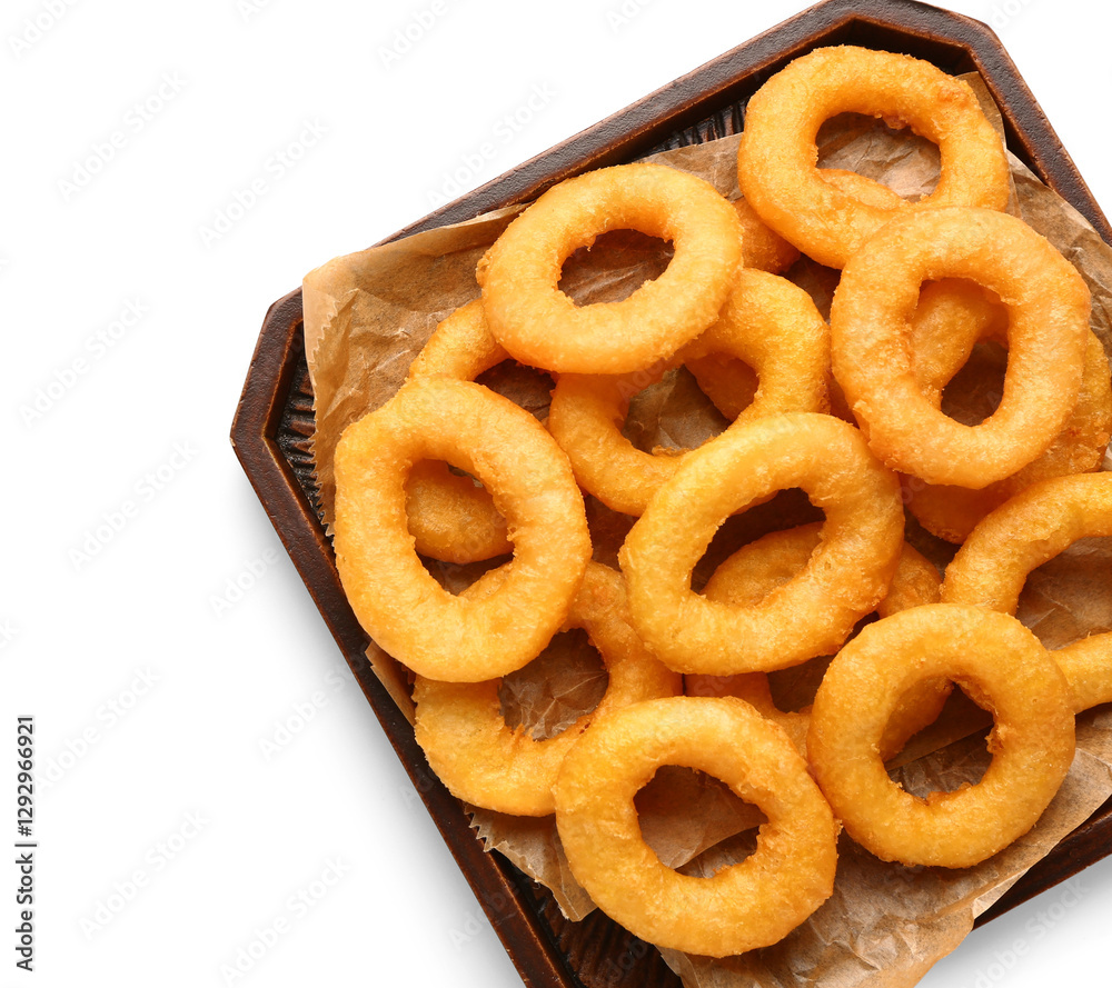 Tray with fried breaded onion rings on white background Tray with fried breaded onion rings on white background
