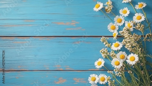 Daisies on distressed blue wooden planks