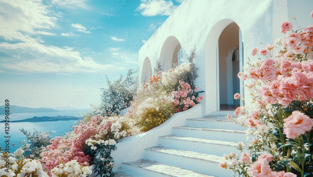 Fototapeta premium White Santorini home, steps, flowers, ocean view