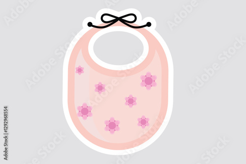 Baby Bib Vector Illustration Sticker. Cute pink baby bib sticker with floral design, perfect for baby-themed decorations, nursery prints, and kids' items