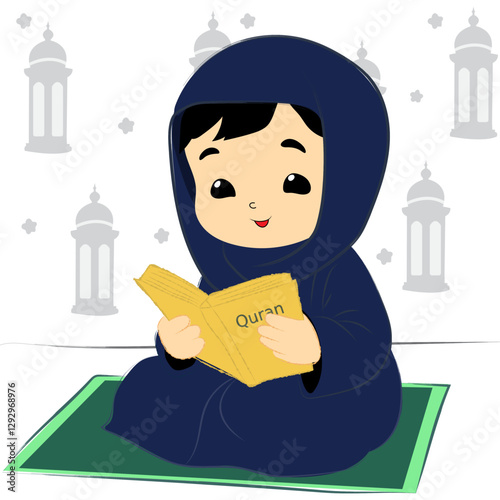 A cartoon image of a girl wearing a hijab reading the Quran on a prayer mat, surrounded by Islamic lanterns, conveys the sacred atmosphere of Ramadan, suitable for Islamic PR media.