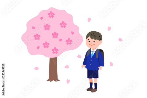 桜舞う男の子と桜の入学式イラスト