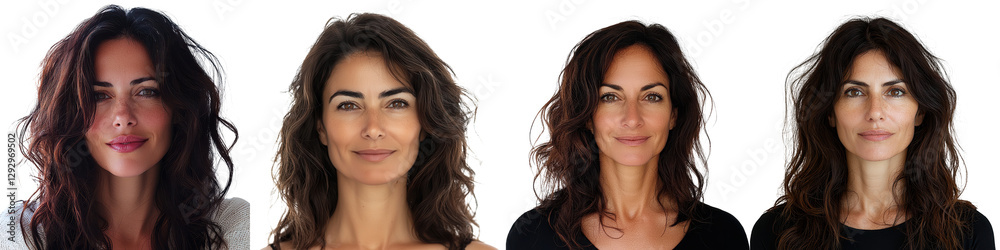 Confident and Sophisticated Female Portrait in a Studio Setting with Stylish Makeup and Curled Brunette Hair Confident and Sophisticated Female Portrait in a Studio Setting with Stylish Makeup and Curled Brunette Hair