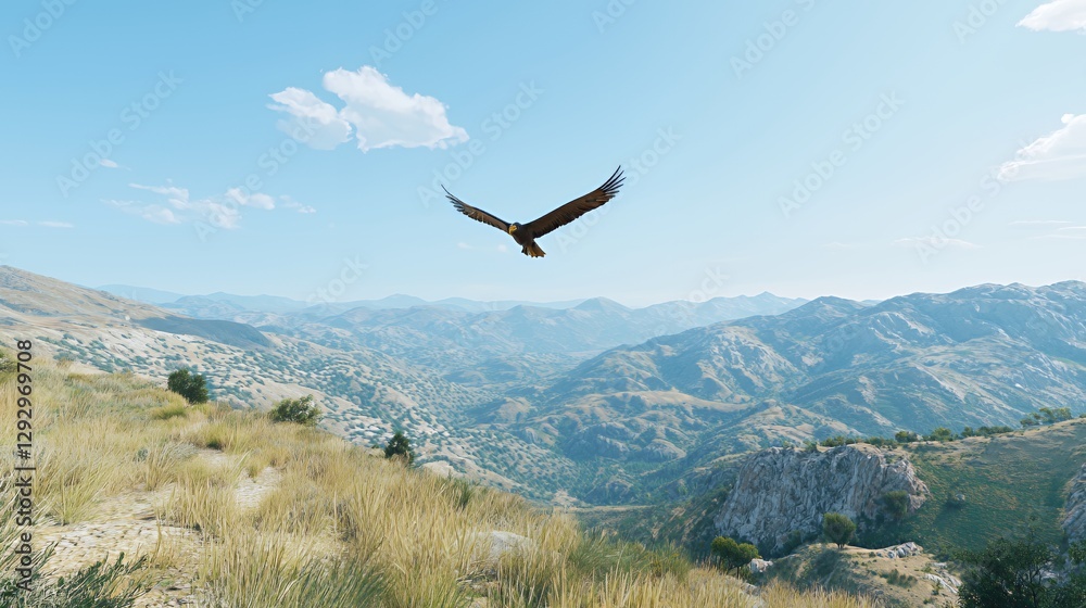 Brown Eagle Soaring Over Mountainous Landscape Brown Eagle Soaring Over Mountainous Landscape