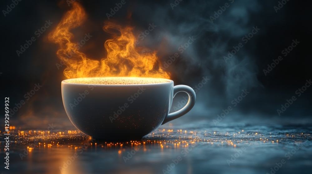 A steaming cup of coffee with fiery steam in a dark atmospheric setting. Creative beverage photography concept