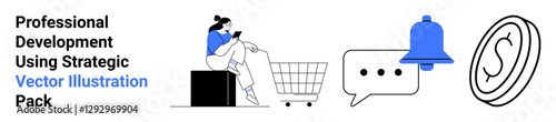 Woman using a smartphone near a shopping cart, blue notification bell, chat bubble, and currency coin. Ideal for e-commerce, online shopping, notifications, digital communication, fintech customer