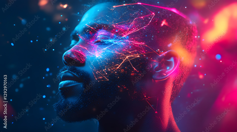 exposure with a portrait of a man filled with vibrant neon light trails and geometric shapes exposure with a portrait of a man filled with vibrant neon light trails and geometric shapes