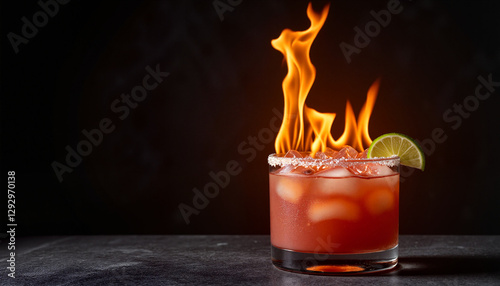 Dramatic flaming cocktail with lime garnish in a sugar-rimmed glass, celebration mood photo